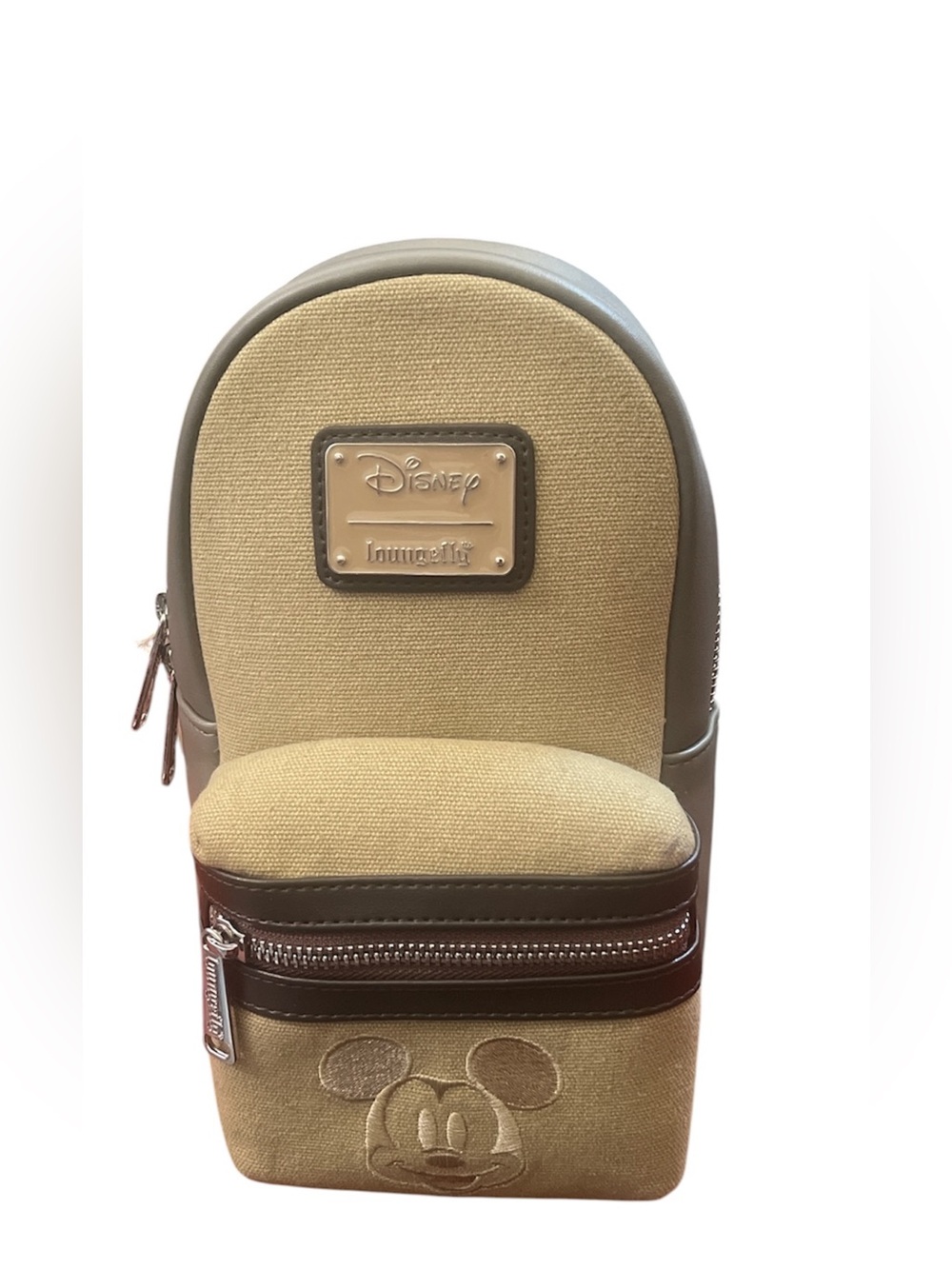 Loungefly Disney Beige and Brown Mickey Mouse Backpack Crossbody Cup holder.